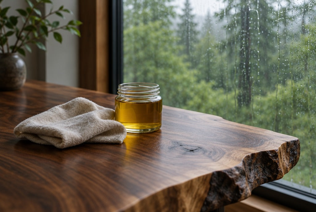 A soft cloth and a jar of furniture oil on a live-edge walnut tabletop by a rain-streaked window with green forest outside