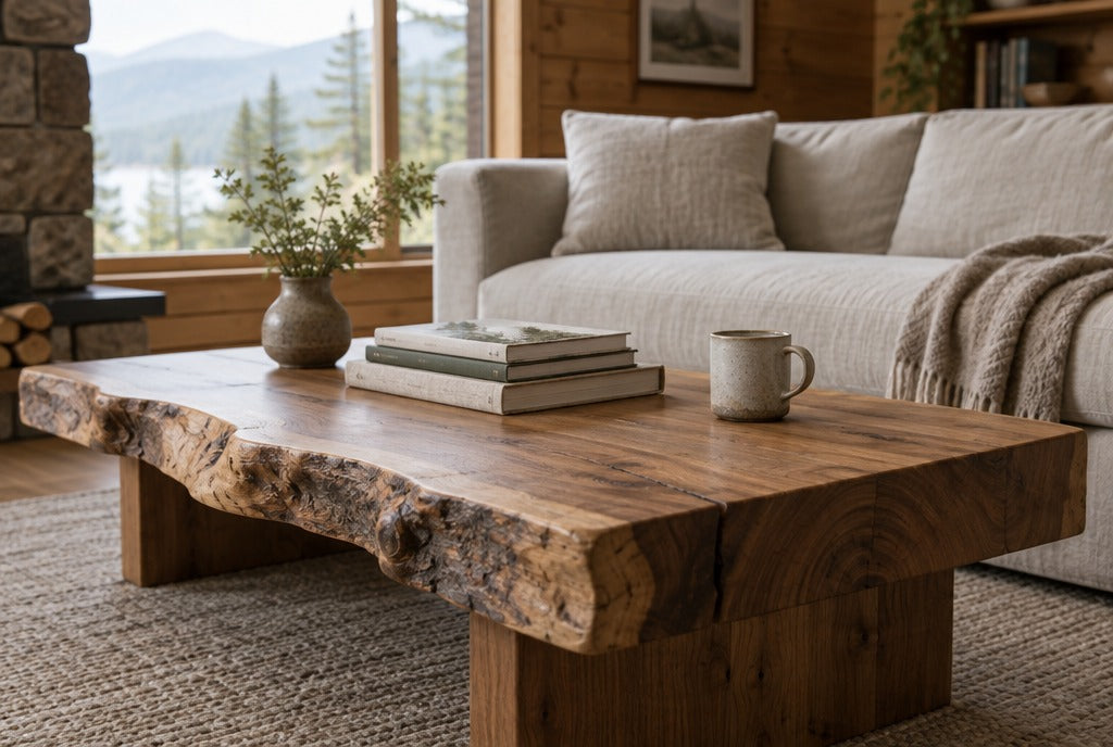 A thick live-edge solid wood coffee table in front of a linen sofa in a cabin living room, a stack of books and a mug on top