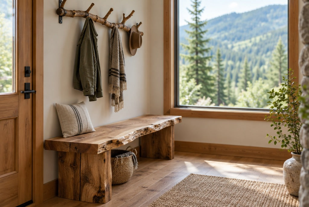 A bright mountain cabin entry with a natural-edge wooden bench, a tree branch coat rack and a window onto green forested hills