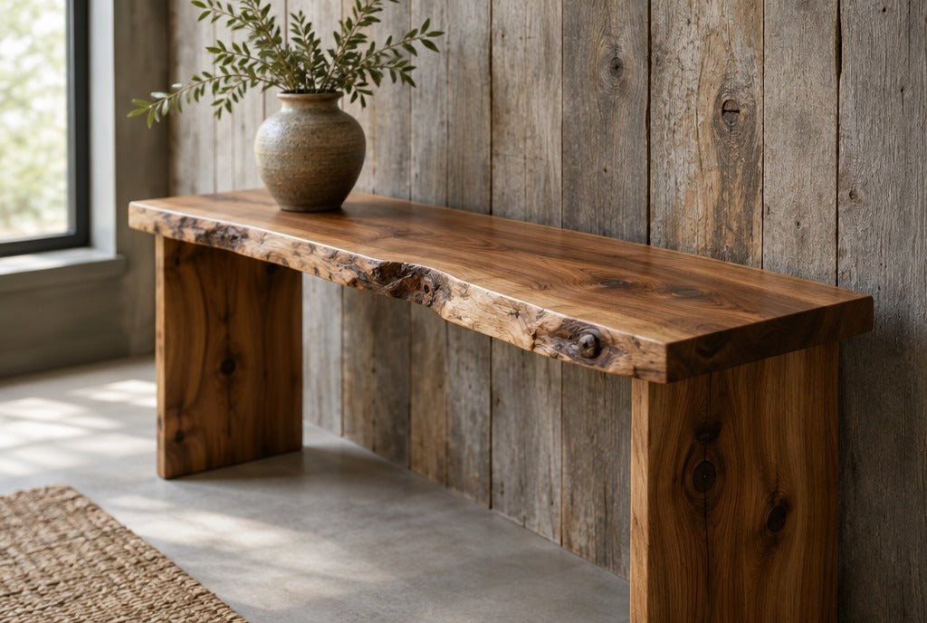 A live-edge solid wood console table with visible knots and an oil finish against a weathered board wall, a pottery vase on top