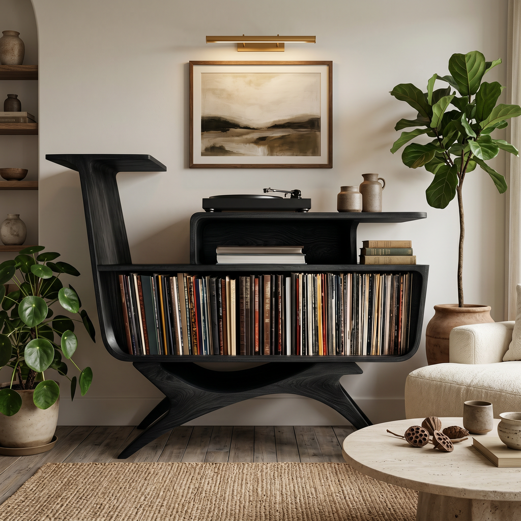Modern Wooden Record Player Stand With Open Frame For Living