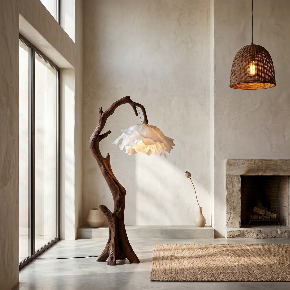 Nature Inspired Flower Floor Lamp With Solid Wood Base